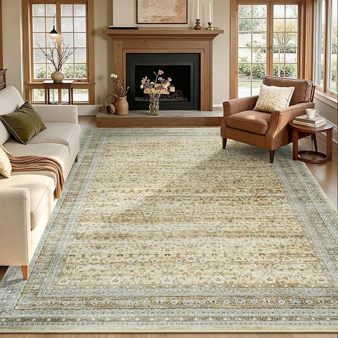 8x10 Area Rugs for Living Room Bedroom, Washable Large Rugs Non-Slip | Vintage Distressed Retro; Low Pile; Stain Resistant; Neutral Boho Carpet for Dining Room, Nursery, Home Office; Oatmeal Beige