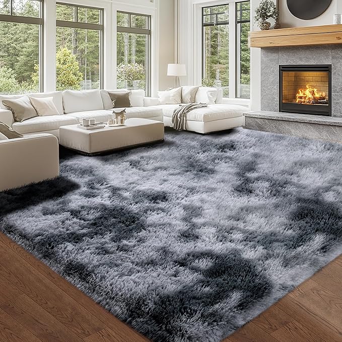 Fluffy 8x10 Area Rug Living Room: Shag Grey Area Rugs for Bedroom- Large Plush Soft Dark Gray Rugs for Living Room- Fuzzy Modern Carpets for Bedroom, Kids Room Decor (Tie-Dyed Dark Grey, 8x10Feet)