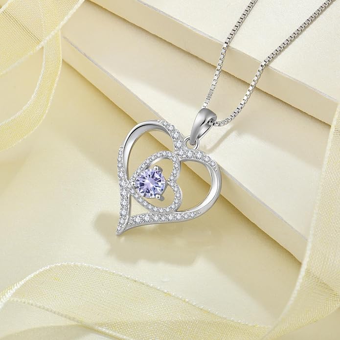 Love Heart Necklace for Women 925 Sterling Silver Birthstone Pendant Necklace Dainty Jewelry for Women Wife Mother Christmas Birthday Mother's Day Gift