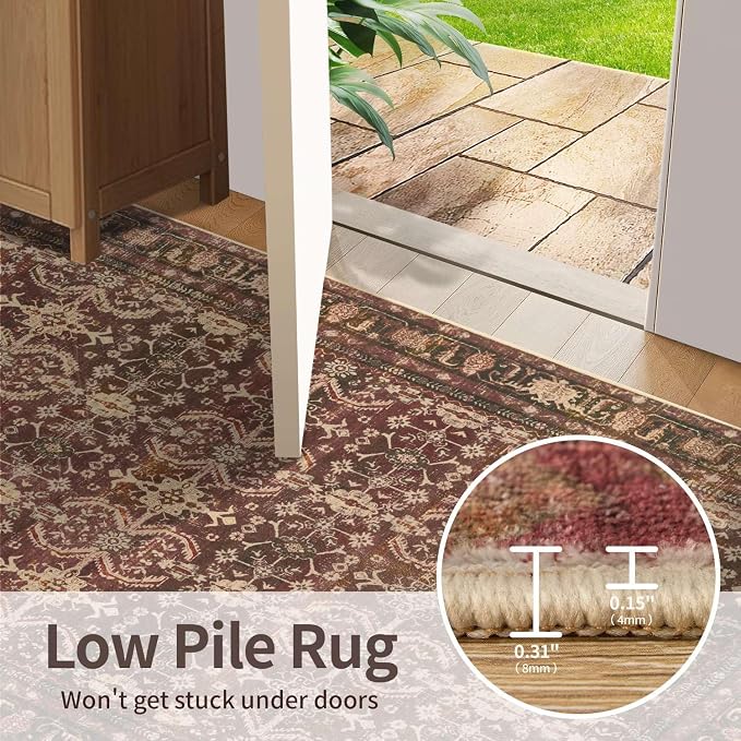 Rugxara Red Area Rugs 5x7 Washable Oriental Rug for Living Room Bedroom | Non Slip, Rug for Dining Room Office Farmhouse Dorm, Stain Resistant, Soft, Vintage Boho Retro Carpet, Low Pile, Home Decor