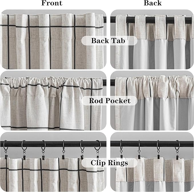 MYSKY HOME 100% Blackout Plaid Linen Curtains 72 Inches Long Double Layer Farmhouse Thermal Insulated Checkered Print Drapes with Rod Pocket Back Tab for Bedroom Living Room, 2 Panels, 52"Wide, Black