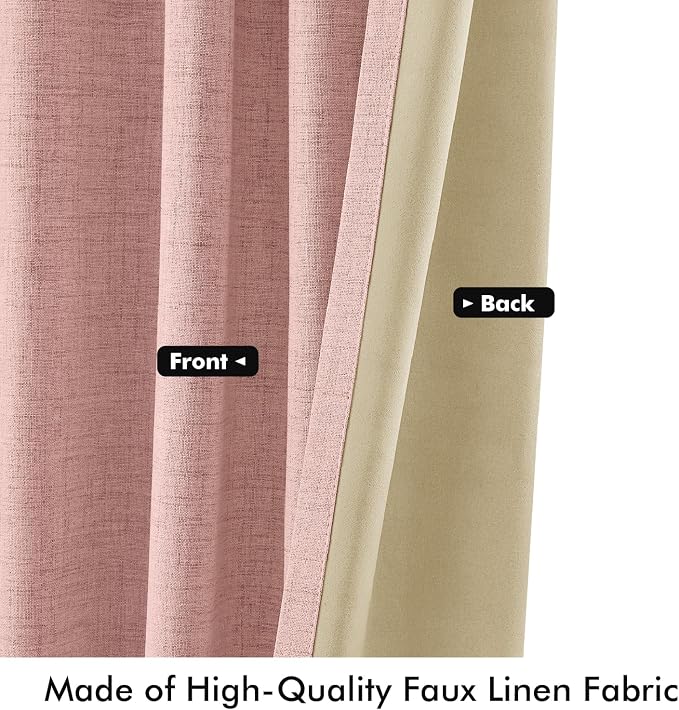MIULEE 100% Blackout Linen Curtains 42 x 90 Inch Blush Pink 2 Panels | Thermal Insulated, Room Darkening Drapes for Bedroom Living Room, Back Tab Rod Pocket Pinch Pleated, Solid Luxury Decor
