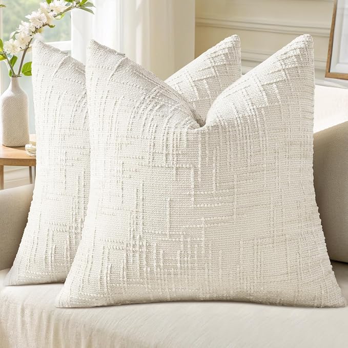 decorUhome Textured Chenille Throw Pillow Covers 26x26 Set of 2 Cream White | Fall Modern Farmhouse Soft Cozy Slubby Couch Pillow Cases Boho Decorative Pillow Cases for Bed Sofa Living Room Home Decor