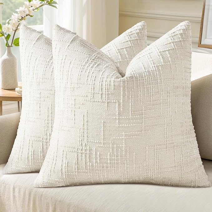 decorUhome Textured Chenille Throw Pillow Covers 20x20 Set of 2 Cream White | Fall Modern Farmhouse Soft Cozy Slubby Couch Pillow Cases Boho Decorative Pillow Cases for Bed Sofa Living Room Home Decor