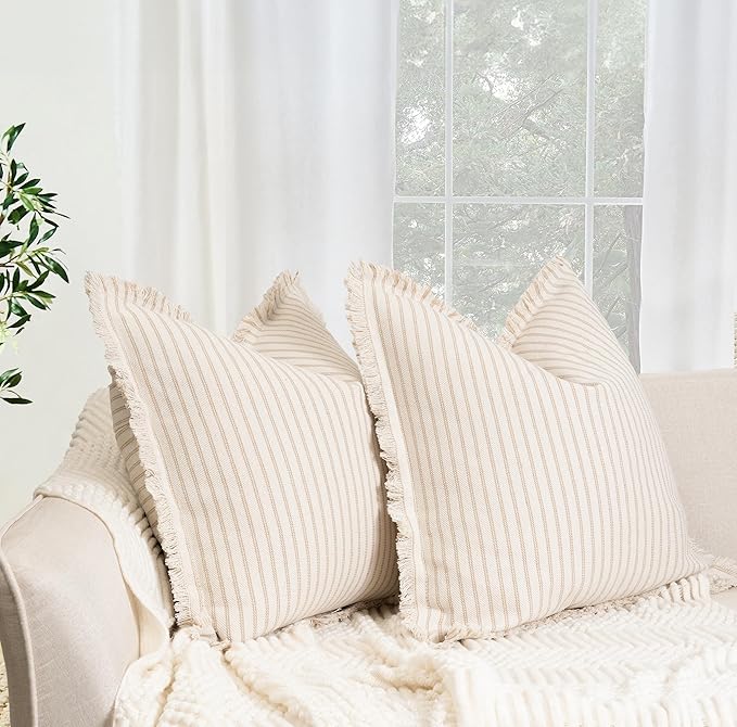 ZWJD Throw Pillow Covers 16x16 Set of 2 Striped Pillow Covers with Fringe Chic Cotton Decorative Pillows Square Cushion Covers for Sofa Couch Bed Living Room Farmhouse Decor, (Khaki)