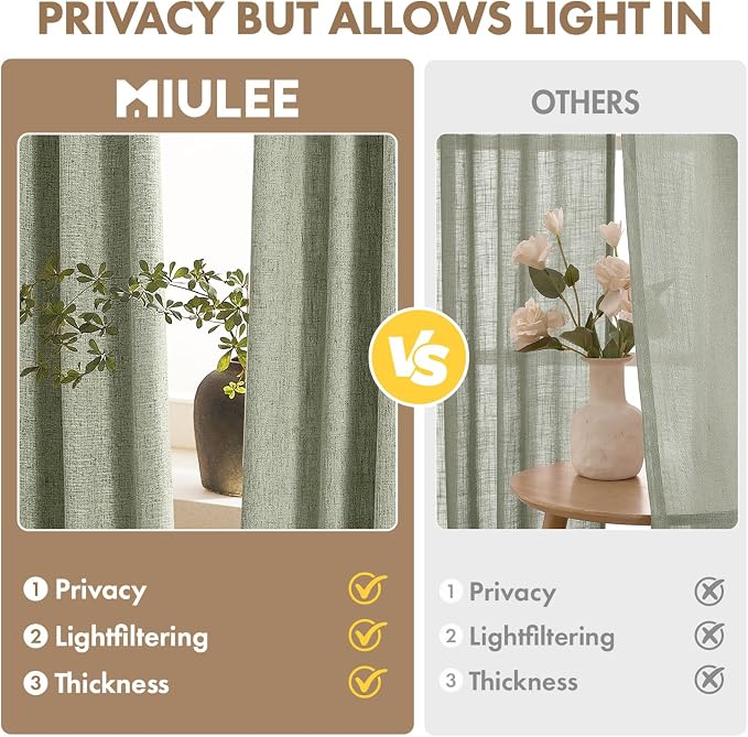 MIULEE Thick Linen Curtains, 42Wx108L, Sage Green Semi Sheer Linen Textured | Light Filtering Window Privacy Drapes with Back Tab Rod Pocket for Farmhouse/Living Room/Bedroom, Set of 2