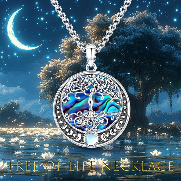 Sterling Silver Tree of Life Necklace for Women Oval Family Tree Necklace Abalone Shell Moonstone Pendant Mother Day Necklace for Mom Tree of Life Jewelry