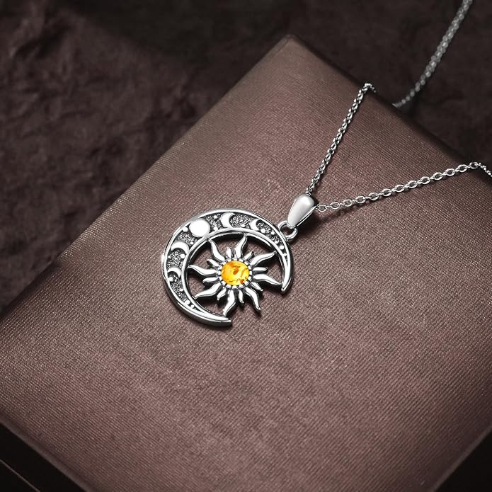 Sun and Moon Necklace 925 Sterling Silver Sun Moon Pendant Gemstone Jewelry Gifts for Women