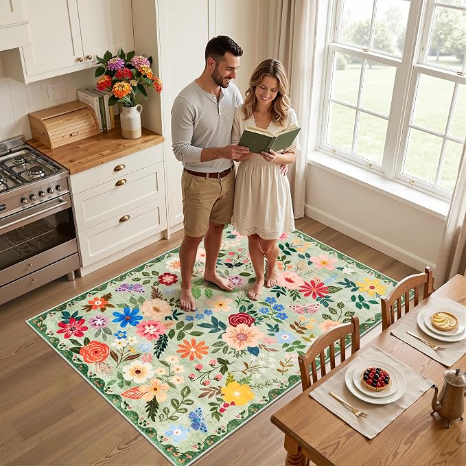 Area Rug Living Room Rugs: Floral 3x5 Washable Rug Vintage Soft Boho Non-Slip Carpet Indoor Floor Stain Resistant Large Carpets for Bedroom Dining Room Farmhouse Nursery Hallway Green