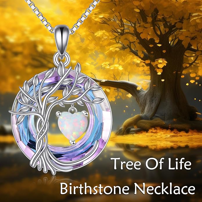 POPLYKE Mothers Day Gifts for Mom Her Wife Tree of Life Necklace 925 Sterling Silver Birthstone Pendant with Crystal Anniversary Birthday Wedding Jewelry for Women