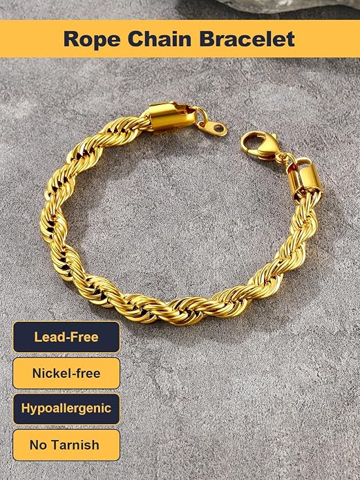 U7 Link Bracelets for Men, Cuban Link/Rope/Watch Band Solid Bracelet, Silver Black Gold Color Wrist Bracelet 3/6/9/12/15mm Width, 6.5/7.5/8.3 Inch Length, Hand Chain Jewelry for Mens Women