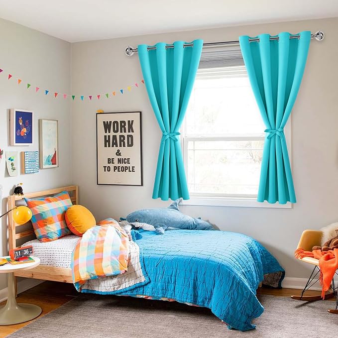 Hiasan Blackout Curtains for Bedroom - Thermal Insulated & Light Blocking Window Curtains for Living Room/Kids Room, 2 Drape Panels Sewn with Tiebacks, Turquoise, 52 x 45 Inch