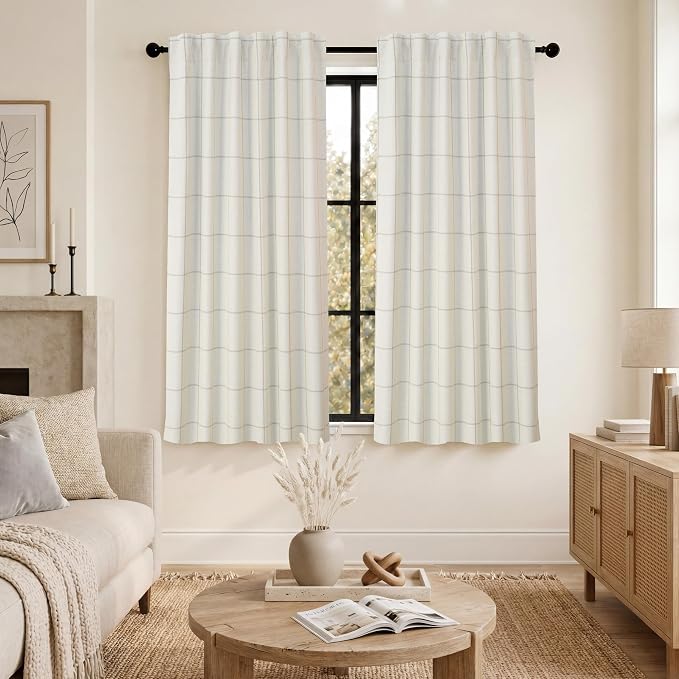 DriftAway 100% Blackout Windowpane Plaid Linen Curtains 54 Inches Taupe | Double Layer Farmhouse Drapes for Living Room Bedroom Yarn Dyed Woven Thermal Insulated Rod Pocket Back Tab 2 Panels