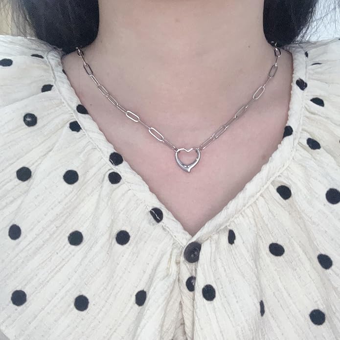Simple Open Heart Pendant Necklace Stainless Steel Paperclip Link Chain Choker Minimalist Floating Hollow Love Hearted Charm Fashion Jewelry for Women Girlfriend Wife