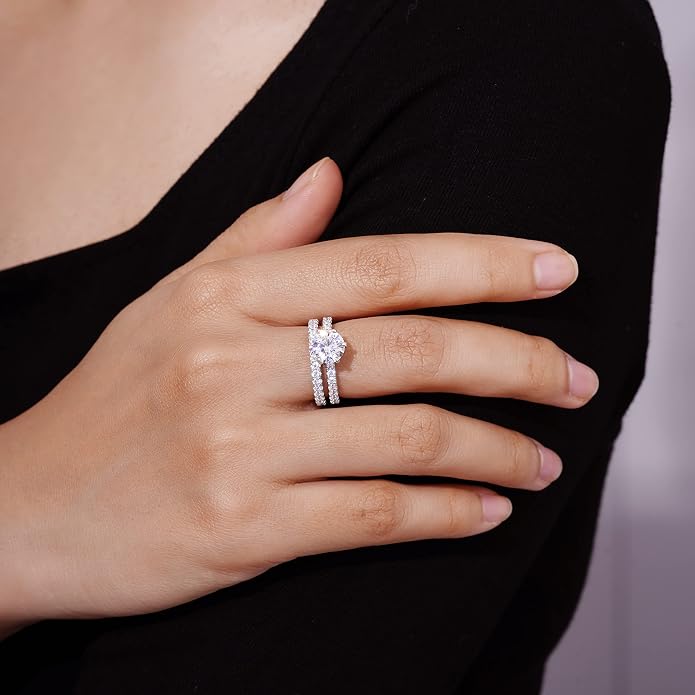 Amazon Essentials Platinum or Gold Plated Sterling Silver Round Ring Set made with Infinite Elements Zirconia