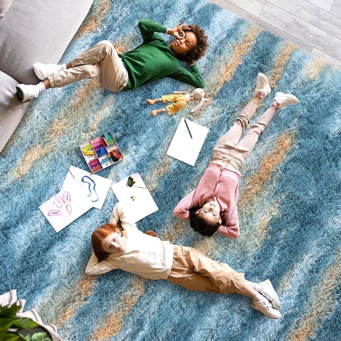 Dssimo Blue and Yellow Rugs for Living Room Bedroom, 8x10 Shaggy Area Rug | Large Plush Furry Upgrade Non-Slip Abstract Rug for Nursery Kids Room Dorm Room Home Decor, Modern Indoor Floor Carpet