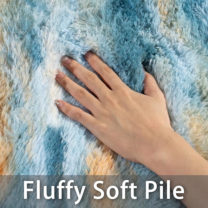 Dssimo Blue and Yellow Rugs for Living Room Bedroom, 6x9 Shaggy Area Rug | Large Plush Furry Upgrade Non-Slip Abstract Rug for Nursery Kids Room Dorm Room Home Decor, Modern Indoor Floor Carpet