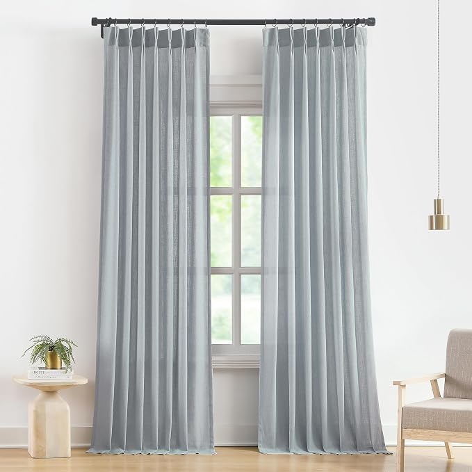 Vision Home Blue Fog Pinch Pleated Semi Sheer Curtains Textured Linen Blended Light Filtering Window Curtains 84 inch for Living Room Bedroom Pinch Pleat Drapes with Hooks 2 Panels 40" Wx84 L