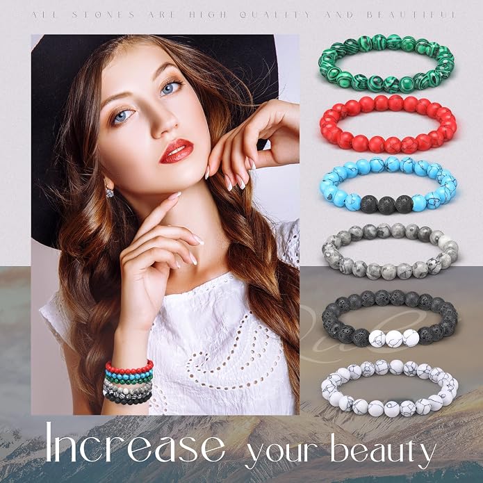 Landical 24 Pcs Gemstones Beaded Bracelets Bulk for Women Men 8mm Stretch Round Semi Precious Stone Bracelets Set