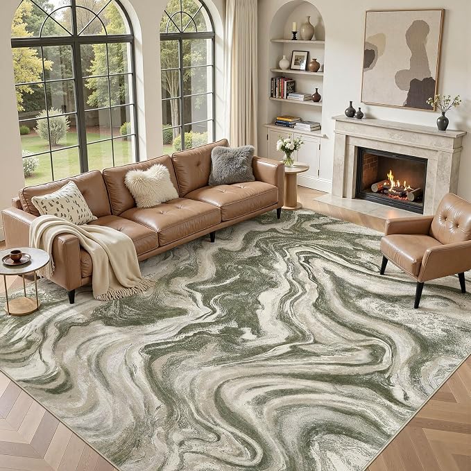 DMOYEST 9x12 Area Rug for Living Room:Washable Modern Neutral Abstract Rug with Low Pile Non Slip Soft Thin Large Indoor Carpet for Bedroom Dining Room Home Office Decor-Olive Green