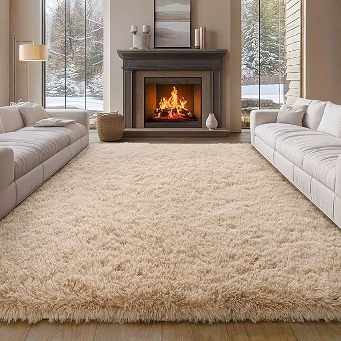 9x12 Large Area Rugs for Living Room, Beige Fluffy Shag Rug | Bedroom and Nursery, Soft and Comfy, Big Fuzzy Carpet for Kids, Girls Room Dorm Home Decor Aesthetic, Upgrade Non Slip