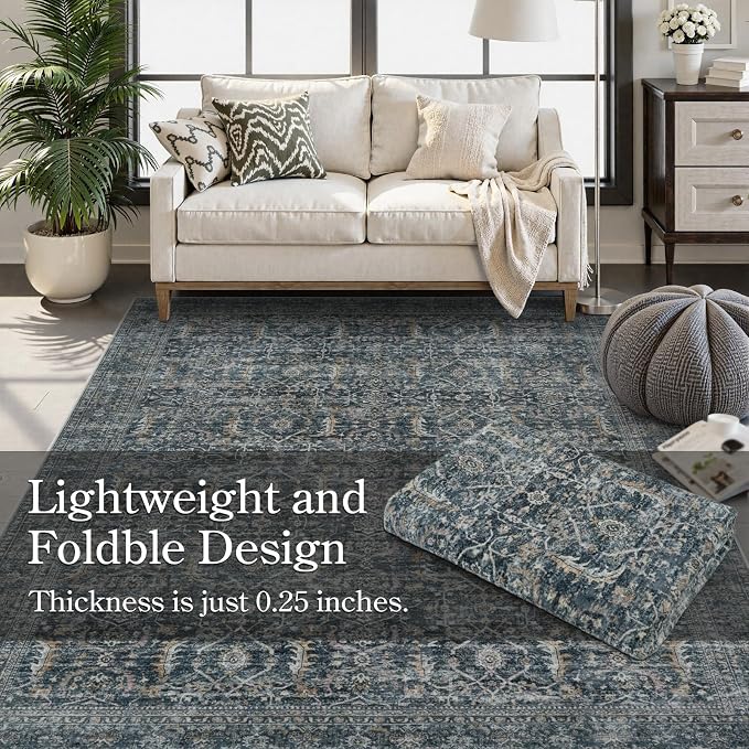 Collive Washable Area Rug 6x9, Large Vintgae Distressed Rugs for Living Room Soft Rugs for Bedroom, Non Slip Ultra-Thin Dining Room Floor Carpet for Entryway Kitchen Office - Blue/Grey
