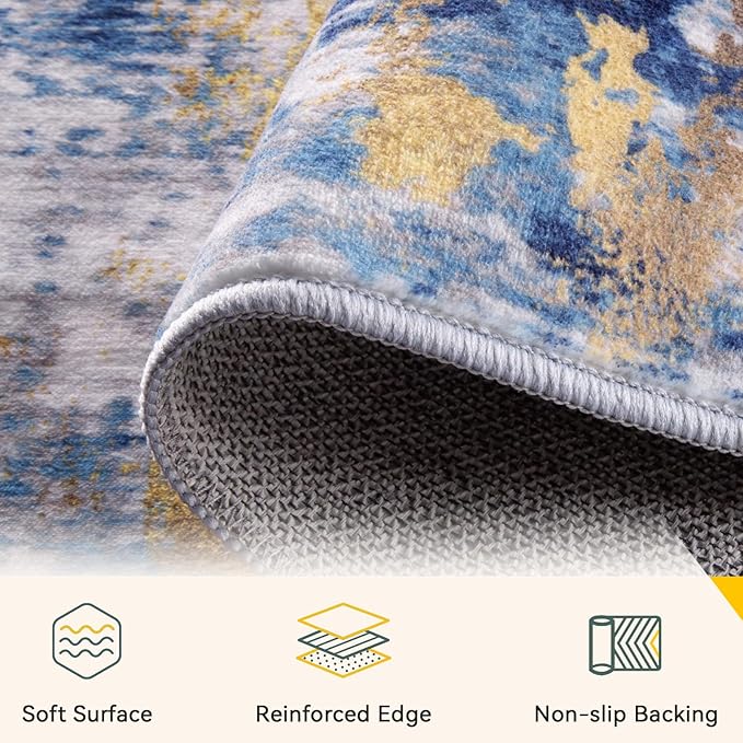 RELEANY Washable Area Rugs 2'6"x12 Non-Slip Modern Abstract Soft for Living Room Entryway Bedroom Kitchen, Print Pattern, Grey Blue Gold/Golden