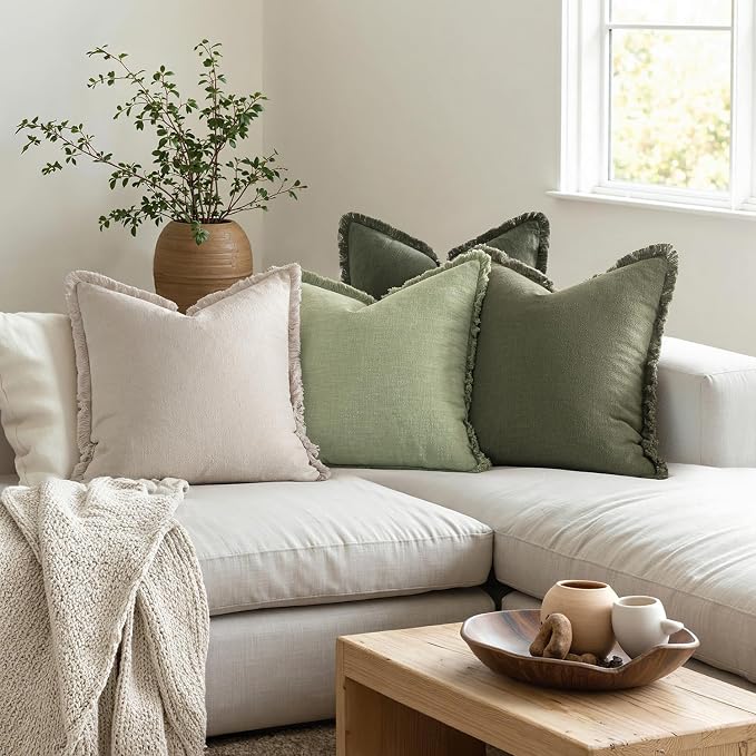 MIULEE Fall Linen Fringe Pillow Covers Set of 4 18x18 Beige/Sage Green | Boho Farmhouse Decorative Throw Pillow Covers, Neutral Soft Rustic Cushion Cases, for Couch Sofa Bed Living Room Home Decor