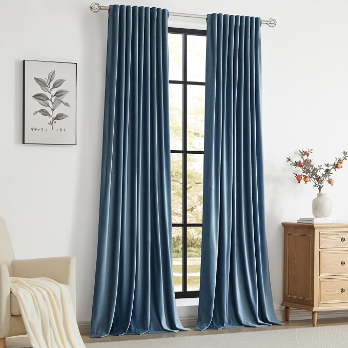 PRIMROSE 100% Full Blackout Velvet Curtains 84 inch Long for Living Room,Set of 2 Stone Grayish Blue Liner Rod Pocket Back Tab Thermal Window Curtains Room Darkening Curtains Drapes for Bedroom