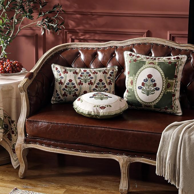 ISAENNE Elegant Linen Throw Pillow Cover,Set of 2,Diameter 16"-Estonia E | Designer Vintage Round Pillow Cover,Concealed Zipper Design,Floral Pattern,Sofas,Bedroom,Living Room,Lounge Chairs