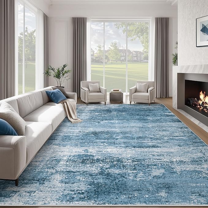 Washable Rug 9x12 Area Rugs for Living Room: Large Neutral Soft Rug Abstract Non Slip Low Pile Modern Carpet for Bedroom Kitchen Nursery Office Dining Room Indoor (Darkblue, 9'x12')
