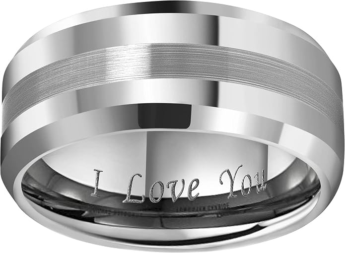 CROWNAL 6mm 8mm 10mm Silver/Gold Tungsten Carbide Wedding Band Ring Engraved I Love You Men Women Brushed Strip Beveled Edge Size 4 To 17