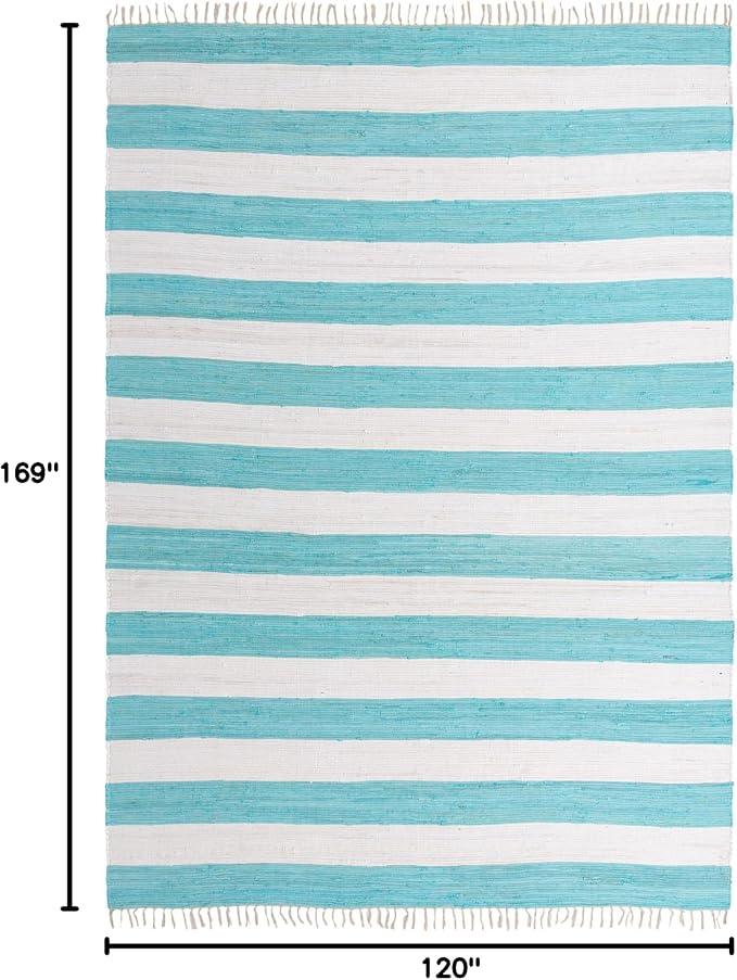 Unique Loom Chindi Rag Collection Area Rug - Striped (10' x 14' 1" Rectangle, Turquoise and Ivory)