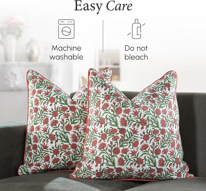 CPC 100% Cotton Throw Pillow Covers 20x20 Inch, Set of 2 Red Block Print Pattern Couch Pillow, Cute Boho Decorative Pillows for Living Room, Bedroom with Hidden Zipper- Red Garnet
