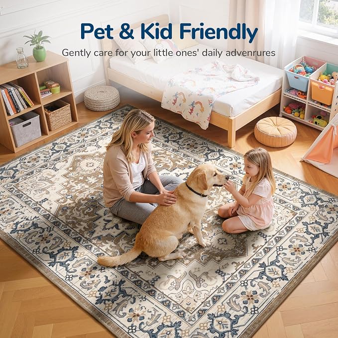 Lessymo 5x7 Area Rug for Living Room - Machine Washable Area Rugs, Super Soft Faux-Wool Area Rugs for Bedroom Kitchen, Boho Area Rug Vintage Floral Non-Slip Low Pile, Brown