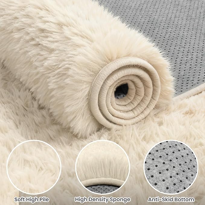 6x9 Area Rug for Living Room, Ultra Soft Fluffy Shag Rugs for Bedroom, Non-Slip Large Fuzzy Plush Rug Indoor Floor Carpet for Nursery Kids Office Dorm Modern Decor, Cream White