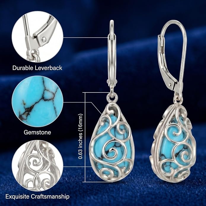 CRMAD Turquoise Teardrop Filigree Earrings Turquoise Leverback Earrings Western Jewelry Gift for Women Birthday Anniversary Boho Lover