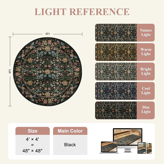 DUKINO 4ft Round Rug, Washable Vintage Floral Area Rug for Bedroom, Black | Non Slip Low Pile Stain Resistant, Aesthetic Lightweight Soft Small Circle Carpet for Living Room Kitchen Entryway Farmhouse