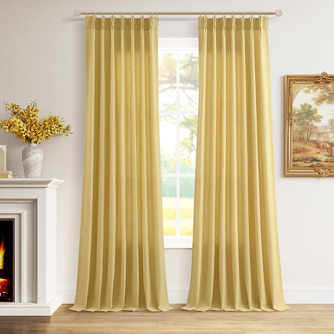 Aersas Yellow Linen Pinch Pleat Curtains 102 Inches for Living Room 2 Pages Modern Light Filtering Semi Sheer Privacy Drapes Back Tab and Rod Pocket Flax Fabric Curtain with Hooks 40 Inch x 102 Inch