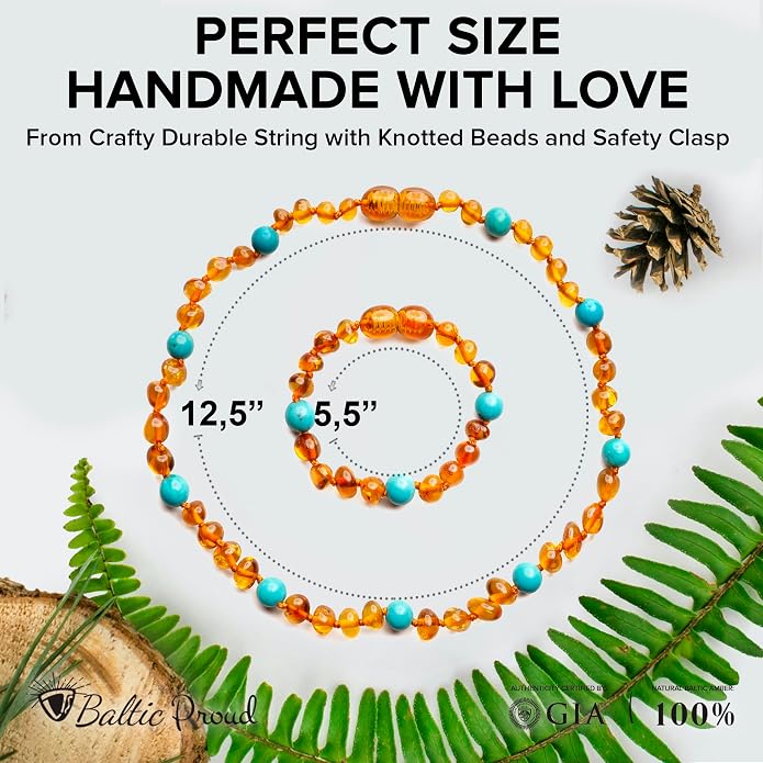 Baltic Proud Amber Necklace and Bracelet Gift Set (Unisex Cognac Turquoise 12.5 Inches/5.5 Inches) - Certified Premium Quality Raw Baltic Sea Amber