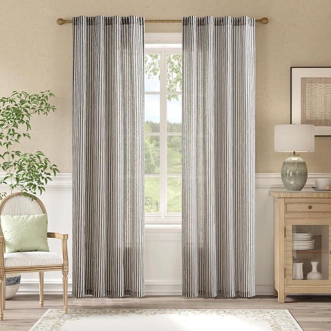 jinchan Linen Curtains 84 Inch Black Stripe on Beige Back Tab 2 Panels | Curtains For Living Room Bedroom,Ticking Stripe, Farmhouse Cottage Core Rustic,Rod Pocket Window Treatment,Light Filtering