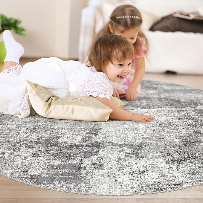DMOYEST 6ft Round Area Rug for Living Room - 6x6 Washable & Non Slip Circle Rug, Kid & Pet Friendly Soft Low Pile Abstract Carpet for Bedroom and Dining Room - Grey
