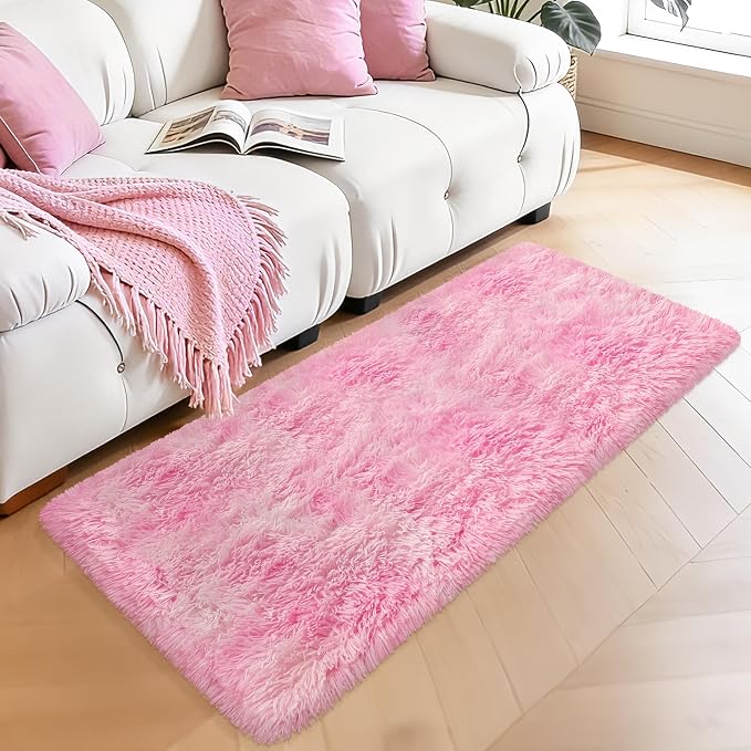 Soft Plush Pink Fluffy Rug 2x5 Ft, Fuzzy Shag Runner Carpet for Girls Bedroom, Bedside, Living Room, Hallway, Kids Room, Nursery, Kawaii Home Decor