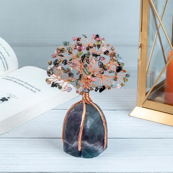 Crocon® Multi Tourmaline Crystals Tree with Fluorite Rough Base, Birthday Gifts for Women & Men, Room Decor, Healing Crystals Spiritual Gift, House Warming Gifts New Home, Birthday Gift - Mom Sister