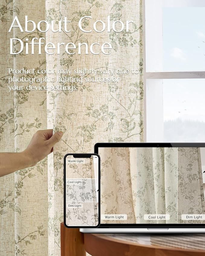 jinchan Green Floral Linen Curtains 96 Inch Farmhouse Back Tab 2 Panels | Flower patterned drapes, french country, light filtering, semi sheer, printed, privacy, bedroom, living room, home decor