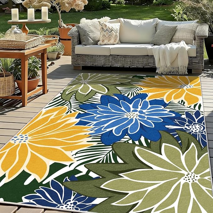 ZonLi Colorful Outdoor Rug 6x9Ft Waterproof Multicolored Indoor Area Rug Washable Outdoor Patio Rugs Tropical Floral Non Slip Outdoor Carpet for Living Room, Pool,Backyard,Deck,Camping