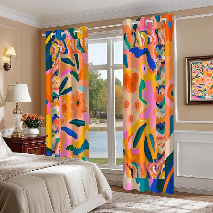 Floral Black Out Curtains, Colorful Boho Abstract Jungle Asthetic Modern Contemporary Decor for Home Bedroom, Living Room Grommet Window Drapes 2 Panel Set, 52"x96"