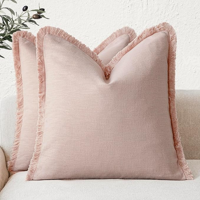 Foindtower Set of 2 Decorative Linen Fringe Throw Pillow Covers Boho Farmhouse Cushion Cover with Tassels Soft Accent Pillowcase for Couch Chair Sofa Bed Living Room Home Decor,20×20 Inch,Light Pink