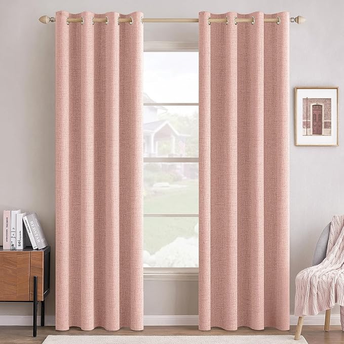MIULEE 100% Blackout Linen Curtains for Bedroom Thermal Insulated Blush Pink Grommet Room Darkening Curtains & Drapes for Living Room 52 x 96 Inch (2 Panels)