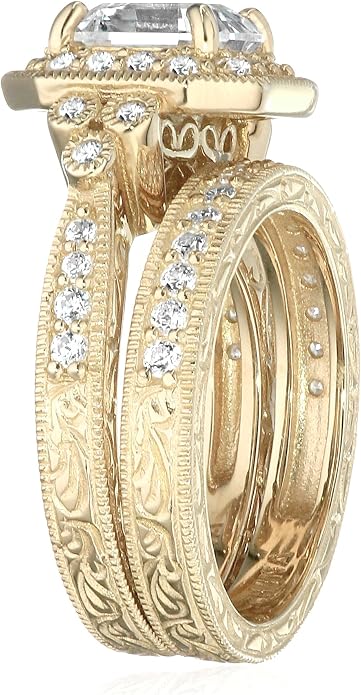 Amazon Essentials Platinum or Gold Plated Sterling Silver Antique Ring set with Asscher-Cut Infinite Elements Cubic Zirconia